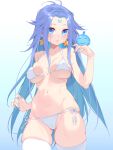  1girl bikini blue_background blue_eyes blue_hair breasts closed_mouth gradient gradient_background highres large_breasts long_hair looking_at_viewer navel original side-tie_bikini smile solo swimsuit waterring 