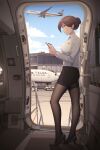  1girl absurdres aircraft airplane airplane_interior airport black_legwear black_skirt blue_sky brown_hair clipboard collared_shirt doorway dress_shirt flight_attendant hair_bun high_heels highres holding holding_clipboard nail_polish original pantyhose pencil_skirt red_eyes senjouhara_nira shirt short_hair skirt sky solo standing travel_attendant vehicle_request white_footwear white_shirt window 