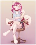 2022 4:5 anthro border breasts chair clothed clothing collar digital_media_(artwork) domestic_cat eyewear felid feline felis female fully_clothed fur furniture glasses gradient_background hair looking_at_viewer mammal shirt simple_background sitting smile solo topwear white_body white_border white_fur yshanii 
