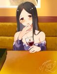 alcohol bangs bare_shoulders black_hair blouse blush brown_eyes collarbone commentary_request cup drinking_glass eyebrows eyelashes hand_on_own_chin hand_up highres hiiragi_shino holding holding_cup idolmaster idolmaster_cinderella_girls indoors jewelry long_hair long_sleeves mmmakaron888 necklace parted_bangs parted_lips purple_blouse signature smile strapless table upper_body wine wine_glass 