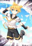  1boy aroeruji3 bass_clef blonde_hair blue_eyes commentary_request detached_sleeves headset highres kagamine_len leg_warmers looking_at_viewer male_focus midriff midriff_peek musical_note navel necktie paper paper_airplane piano_keys sailor_collar shorts sky smile solo staff_(music) vocaloid yellow_belt yellow_necktie 