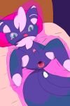  anus balls bed blackgyakudora blue_body blush feral furniture gaping gaping_anus genitals green_eyes lying male male_penetrated meowstic nintendo on_bed penetration penis pok&eacute;mon pok&eacute;mon_(species) solo spread_legs spreading video_games 