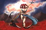  1girl absurdres adapted_costume bangs blurry breasts cleavage fishnet_legwear fishnets flower full_body hair_bobbles hair_ornament highres holding holding_weapon large_breasts leo23 light_rays looking_at_viewer onozuka_komachi outdoors red_eyes red_hair scythe sky solo spider_lily thighhighs touhou two_side_up walking weapon 