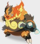  claws commentary_request emboar fire full_body legs_apart looking_at_viewer pokemon pokemon_(creature) red_eyes sharp_teeth shukou_akanaru_(trabel) solo standing teeth white_background 