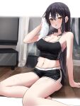  1girl absurdres bangs bare_arms bare_shoulders black_hair black_shorts blush breasts breath cleavage gym_shorts hand_up highres holding holding_towel large_breasts long_hair looking_at_viewer midriff navel open_mouth orange_eyes original parted_lips po_ppe short_shorts shorts sitting solo sports_bra straight_hair television thighs tissue_box towel window wiping_sweat wooden_floor 
