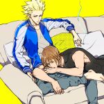  2boys black_tank_top blonde_hair blue_jacket blue_pants cigarette couch crossed_legs holding holding_cigarette jacket jewelry light_brown_hair lying male_focus multiple_boys on_lap on_stomach one_outs pants pillow ring sic77 smoke smoking spiked_hair takami_itsuki tank_top tokuchi_toua yaoi yellow_background 