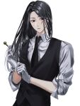  1boy black_eyes black_hair blood blood_on_face chokeke_005 expressionless gloves highres holding holding_needle holding_weapon hunter_x_hunter illumi_zoldyck long_hair male_focus necktie needle sleeves_rolled_up solo vest weapon white_background 