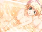  1boy 1girl :d alpha_(yukai_na_nakamatachi) arisa_crain_femiluna bangs bathroom bathtub blonde_hair blush breasts collarbone completely_nude eyebrows_visible_through_hair game_cg green_eyes hair_between_eyes hetero indoors medium_breasts mixed_bathing navel nipples nude partially_submerged short_hair smile w.l.o_sekai_ren&#039;ai_kikou 