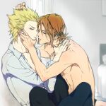  2boys abs bedroom blonde_hair blurry blurry_background collared_shirt face_grab facial_hair grey_shirt hickey imminent_kiss light_brown_hair looking_at_another male_focus multiple_boys nose_piercing one_outs pale_skin piercing scratches shirt sic77 spiked_hair stubble takami_itsuki tokuchi_toua yaoi 