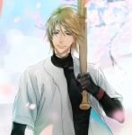  1boy baseball_bat black_gloves blurry blurry_background branch cherry_blossoms facial_hair gloves holding holding_baseball_bat light_brown_hair looking_at_viewer male_focus nose_piercing one_outs petals piercing sic77 stubble takami_itsuki 