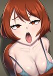  1girl arezu_(pokemon) bare_shoulders bikini bikini_top_only blue_bikini breasts cleavage collarbone from_above half-closed_eyes hooaaam looking_at_viewer open_mouth pantyhose pokemon pokemon_(game) pokemon_legends:_arceus red_eyes red_hair red_legwear saliva saliva_trail short_hair strap_slip sweat swimsuit tongue tongue_out upper_body 