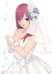  1girl :d absurdres bangs blue_eyes blue_flower breasts bridal_gauntlets brown_hair cleavage collarbone dress flower go-toubun_no_hanayome hair_between_eyes hair_flower hair_ornament highres jewelry kouta(34765766) long_hair medium_breasts nakano_miku necklace open_mouth petals ribbon shiny shiny_hair smile solo standing straight_hair strapless strapless_dress veil wedding_dress white_background white_dress white_flower white_ribbon 