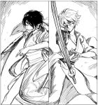  bandage_over_one_eye fighting_stance genderswap genderswap_(mtf) gintama greyscale holding holding_sword holding_weapon japanese_clothes kimono monochrome panels sakata_gintoki short_hair short_sleeves spotaka sword takasugi_shinsuke weapon 