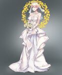  1girl bangs blue_eyes bouquet breasts bridal_veil cleavage collarbone diadem dress flower full_body gloves go-toubun_no_hanayome grey_background grin hair_between_eyes highres holding holding_bouquet jewelry jim_dez large_breasts layered_dress long_dress nakano_ichika necklace one_eye_closed rose shiny shiny_hair short_hair silver_hair smile solo standing strapless strapless_dress veil wedding_dress white_dress white_gloves yellow_flower yellow_rose 