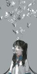  1girl absurdres bangs black_hair bug butterfly chinese_clothes closed_mouth dress grey_background grey_eyes highres long_hair original red_lips simple_background solo tuoer twintails upper_body white_butterfly white_dress 
