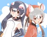  african_penguin_(kemono_friends) animal_ears fox_ears fox_girl fox_tail gloves highres island_fox_(kemono_friends) kemono_friends kemono_friends_v_project long_hair looking_at_viewer microphone mitorizu_02 necktie shirt simple_background skirt tail virtual_youtuber white_background 