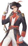  1boy alternate_costume ascot black_hair commission commissioner_upload epaulettes eyepatch fire_emblem fire_emblem:_thracia_776 fire_emblem_heroes gun hat hat_feather highres male_focus moja_(rainpoow) pirate pirate_costume pirate_hat reinhardt_(fire_emblem) solo sword weapon 