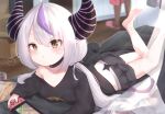  1girl ? alternate_hairstyle bangs black_choker blush brown_eyes casual choker demon_girl demon_horns grey_hair hololive horns la+_darknesss long_hair looking_at_viewer loungewear low_twintails multicolored_hair nintendo_switch pointy_ears puckered_lips purple_hair slit_pupils solo spoken_question_mark streaked_hair striped_horns tenmon_(tenmon0715) twintails very_long_hair virtual_youtuber 