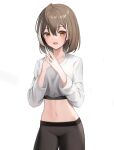  1girl :d absurdres ahoge alternate_costume blush brown_eyes brown_hair crop_top fingers_together highres hololive hololive_english long_sleeves merrick multicolored_hair nanashi_mumei navel pants short_hair smile solo streaked_hair virtual_youtuber yoga_pants 