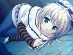  1girl alpha_(yukai_na_nakamatachi) arisa_crain_femiluna bangs bed_sheet black_ribbon blonde_hair blue_pants closed_mouth denim earrings eyebrows_visible_through_hair frown game_cg green_eyes hair_between_eyes hair_ribbon indoors jewelry long_hair long_sleeves looking_at_viewer lying off-shoulder_sweater off_shoulder on_side pants ponytail ribbon sleeves_past_wrists striped_sleeves sweater w.l.o_sekai_ren&#039;ai_kikou white_sweater 