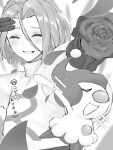  1boy closed_eyes flower greyscale happy highres james_(pokemon) mime_jr. monochrome pokemon pokemon_(anime) pokemon_(creature) rose smile 