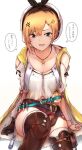  1girl anger_vein atelier_(series) atelier_ryza bangs belt breasts brown_gloves brown_hair brown_legwear cleavage collarbone commission cosplay detached_sleeves gloves hair_ornament hairclip holster jacket jewelry miyamori_aoi necklace open_mouth red_shorts reisalin_stout reisalin_stout_(cosplay) shirobako shirt short_hair short_shorts shorts single_glove sitting skeb_commission sleeveless sleeveless_jacket sleeveless_shirt solo speech_bubble tahita1874 tearing_up test_tube thigh_holster thighhighs white_background white_headwear white_shirt yellow_jacket 