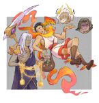  4boys ^_^ bag beard black_hair boots brown_hair chain closed_eyes cuffs dark-skinned_male dark_skin facial_hair floating gorget greek_clothes grey_eyes hades_(game) head_wings hermes_(hades) highres jamie_loughran jewelry laurel_crown long_hair male_focus multiple_boys orange_scarf ring scarf scroll scythe shackles shoulder_bag sisyphus_(hades) speech_bubble thanatos_(hades) turtle v white_hair winged_footwear yellow_eyes zeus_(hades) 