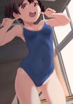  1girl aoi_nori_(aoicoblue) ass_visible_through_thighs blue_swimsuit breasts clothes_pull commentary_request covered_navel cowboy_shot highres new_school_swimsuit open_mouth original round_teeth school_swimsuit small_breasts solo standing swimsuit swimsuit_pull teeth upper_teeth window 