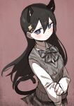  1girl absurdres animal_ears arm_at_side bangs black_hair blue_eyes blush bow bowtie bright_pupils brown_skirt cat_ears cat_girl cat_tail closed_mouth collared_shirt commentary_request cowboy_shot cropped_legs eyebrows_visible_through_hair goe_(g-o-e) grey_bow grey_bowtie grey_sweater_vest hair_behind_ear hair_between_eyes hair_ornament hairclip hand_on_own_arm highres kagura_hikari kemonomimi_mode long_hair long_sleeves looking_at_viewer plaid plaid_bow plaid_bowtie plaid_skirt red_background school_uniform shirt shoujo_kageki_revue_starlight skirt solo sparkle_hair_ornament standing sweater_vest tail white_pupils white_shirt 