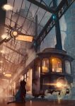  architecture building castle cat city_lights fantasy gothic_architecture ground_vehicle kaitan lamppost original scenery spire station steampunk train train_station train_station_platform 