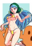  1girl arm_ribbon bangs bikini blue_background blue_hair breasts brown_footwear cameltoe cleavage covered_nipples eyebrows_visible_through_hair green_headwear groin haniwa_(statue) haniyasushin_keiki head_scarf highres large_breasts leg_up long_hair looking_at_viewer micro_bikini navel nioti open_mouth pink_eyes ribbon swimsuit teeth touhou upper_teeth yellow_bikini 