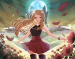  1girl black_footwear blonde_hair blurry cloud collared_shirt commentary_request floating_hair flower grey_eyes hair_tie high-waist_skirt highres lens_flare long_hair mega_ring nasakixoc no_hat no_headwear open_mouth outdoors petals pokemon pokemon_(game) pokemon_xy purple_flower red_skirt serena_(pokemon) shiny shiny_hair shirt skirt sky sleeveless sleeveless_shirt smile solo thighhighs 