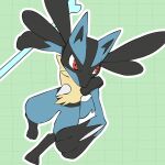  bone commentary furry green_background grid_background holding holding_bone kelvin-trainerk lucario outline pokemon pokemon_(creature) red_eyes solo spikes yellow_fur 