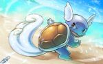  blurry brown_eyes check_commentary claws cloud commentary_request day fangs from_behind full_body kaosu_(kaosu0905) looking_back no_humans open_mouth outdoors pokemon pokemon_(creature) sand shore signature sky smile solo standing wartortle water 