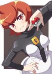  1girl 34_(sanjushi) black_legwear breasts closed_mouth grey_shirt hand_on_hip highres holding holding_poke_ball looking_at_viewer mars_(pokemon) medium_breasts pointy_hair poke_ball poke_ball_(basic) pokemon pokemon_(game) pokemon_dppt red_eyes red_hair shirt short_hair skin_tight skirt smile smirk solo team_galactic team_galactic_uniform white_skirt 