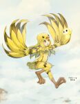  1girl absurdres bird_legs bird_wings blonde_hair blue_eyes chinese_commentary closed_mouth cloud dated duel_monster full_body guanchuan_zhi_jiao harpy highres knee_up looking_at_another lyrilusc_-_beryl_canary monster_girl navel open_mouth outdoors shorts signature sky smile solo suspender_shorts suspenders teeth upper_teeth wings yu-gi-oh! 