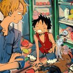  blonde_hair crossed_arms crying food ghost head_bump highres looking_at_another looking_back makenevemoiine monkey_d._luffy one_piece open_mouth refrigerator reindeer sanji tony_tony_chopper 