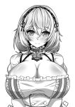  1girl anchor_choker azur_lane blush breasts cleavage eyebrows_visible_through_hair gan-metal greyscale highres huge_breasts looking_at_viewer medium_hair monochrome puffy_short_sleeves puffy_sleeves short_sleeves simple_background sirius_(azur_lane) solo upper_body white_background 