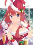  1girl absurdres ahoge blue_eyes bow box breasts christmas cleavage closed_mouth collarbone dress fork fur-trimmed_dress fur-trimmed_headwear fur_trim gift gift_box gloves go-toubun_no_hanayome hair_ornament hat hat_bow highres holding holding_fork kouta(34765766) long_hair medium_breasts nakano_itsuki red_bow red_dress red_hair red_headwear santa_costume santa_hat shiny shiny_hair smile solo sparkle star_(symbol) star_hair_ornament strapless strapless_dress very_long_hair white_gloves 