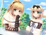  2girls alpha_(yukai_na_nakamatachi) arisa_crain_femiluna bangs black_bow black_choker black_hairband blonde_hair blue_sky bow bow_hairband butterfly_hair_ornament choker cloud collarbone day eyebrows_visible_through_hair game_cg green_eyes hair_between_eyes hair_bow hair_ornament hairband head_rest long_hair long_sleeves multiple_girls off-shoulder_sweater off_shoulder outdoors ponytail sarasa_crain_femiluna shiny shiny_hair short_hair siblings sisters sitting sky striped_sleeves sweater very_long_hair w.l.o_sekai_ren&#039;ai_kikou white_sweater 