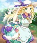  1girl apron bangs blonde_hair closed_mouth cloud commentary day dress eyelashes flower grass green_dress green_eyes hand_on_headwear hat hat_ribbon highres lillie_(pokemon) long_hair looking_at_viewer official_alternate_costume outdoors pokemon pokemon_(creature) pokemon_(game) pokemon_masters_ex polteageist purple_ribbon ribbon short_sleeves sky smile white_headwear yellow_flower yomogi_(black-elf) 