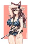  1girl absurdres animal_ears assault_rifle bangs bikini blue_bikini border breasts brown_hair bullpup camouflage camouflage_bikini cleavage closed_eyes closed_mouth commission gun highres imaizumi_kagerou looking_at_viewer navel noonnoon531 pink_background red_eyes rifle solo steyr_aug swimsuit tail touhou weapon white_border wolf_ears wolf_girl wolf_tail 