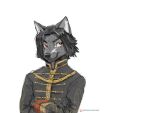  2022 anthro black_body black_fur black_hair black_nose canid canine clothed clothing digital_media_(artwork) fur hair koul male mammal simple_background smile solo white_background 