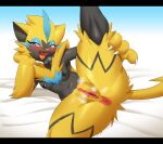  2022 anthro anus blue_eyes blush bodily_fluids claws fangs female fur genitals hi_res legendary_pok&eacute;mon manene nintendo nude open_mouth pink_nose pok&eacute;mon pok&eacute;mon_(species) pussy raised_leg solo sweat video_games yellow_body yellow_fur zeraora 