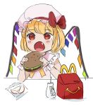  1girl :o apple blonde_hair bottle burger commentary crystal eating english_commentary eyebrows_visible_through_hair fang flandre_scarlet food frilled_sleeves frills fruit happy_meal hat hat_ribbon holding holding_food keyutea mcdonald&#039;s milk milk_bottle mob_cap open_mouth red_eyes red_ribbon ribbon shirt short_hair short_sleeves simple_background solo touhou twitter_username upper_body white_background white_headwear white_shirt wings wrist_cuffs 