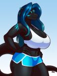  2021 anthro big_breasts black_body blazbaros bottomwear breasts cleavage clothed clothing dragon female gradient_background hi_res markings shorts signature simple_background solo 