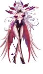  1girl absurdres alternate_costume azur_lane belfast_(azur_lane) breasts brown_legwear cross_hair_ornament demon_girl demon_horns demon_tail detached_sleeves feathered_wings flower full_body gosama hair_flower hair_ornament high_heels highres horns large_breasts long_hair looking_at_viewer multiple_wings outstretched_arm purple_footwear red_flower shoes simple_background solo stiletto_heels tail thighhighs white_background white_hair wings 