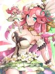  2girls breasts character_request cleavage dragalia_lost fairy fairy_wings flower flower_on_head gonzarez hair_flower hair_ornament highres large_breasts miniskirt multiple_girls one_eye_closed pink_hair skirt wings 