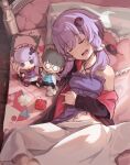  blanket closed_eyes drooling eyebrows_visible_through_hair fabric head_on_pillow highres lying needle on_back open_mouth pillow purple_hair sewing_needle sewing_pin sleeping stuffed_toy stuffing sunlight thread vocaloid voiceroid yasuhara_roku yuzuki_yukari 