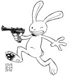  2015 3_toes 4_fingers ambiguous_gender anthro biped black_and_white feet fingers gun handgun hi_res holding_gun holding_handgun holding_object holding_weapon lagomorph leporid long_ears mammal monochrome one_eye_closed rabbit ranged_weapon signature skyelegs solo teeth toes weapon 